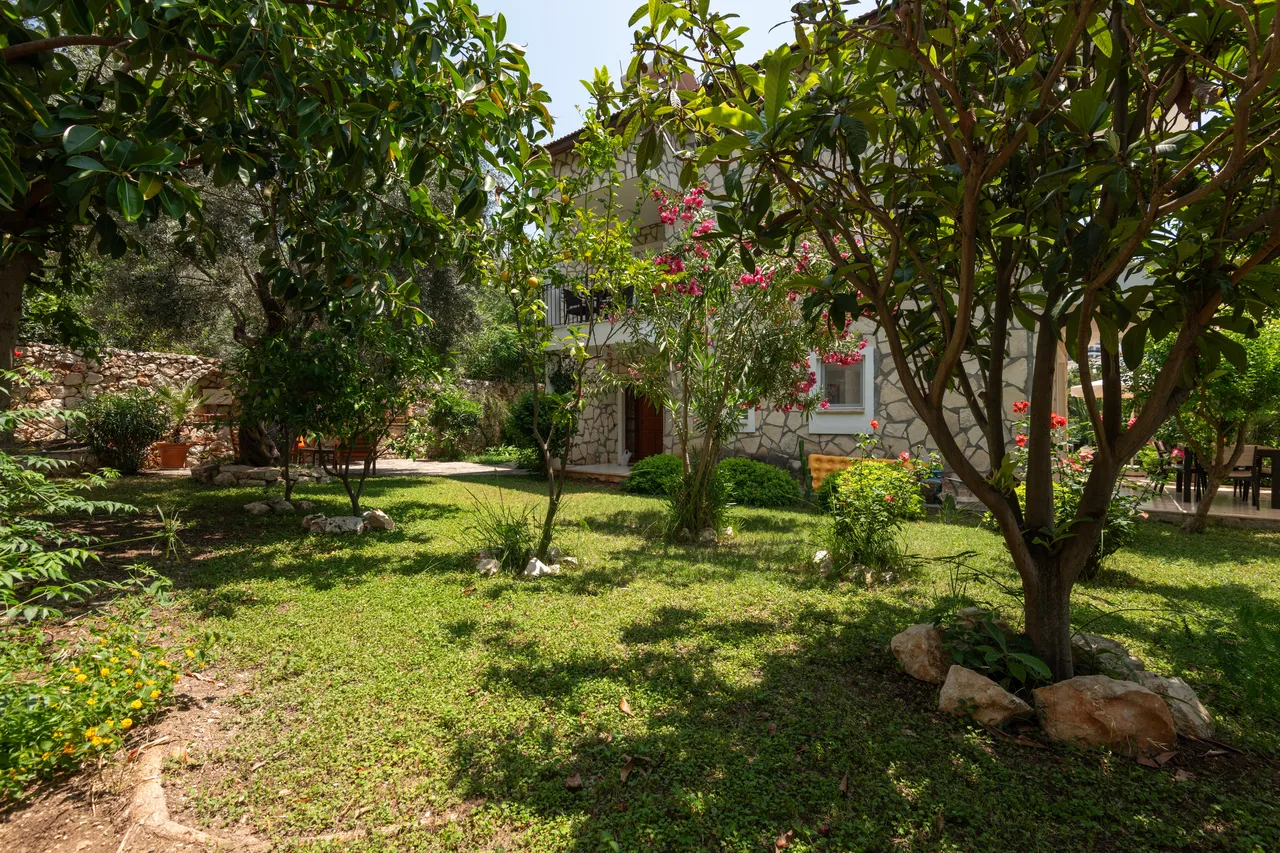 Walled gardens with plants, trees and flowers at Villa Hannah Kalkan