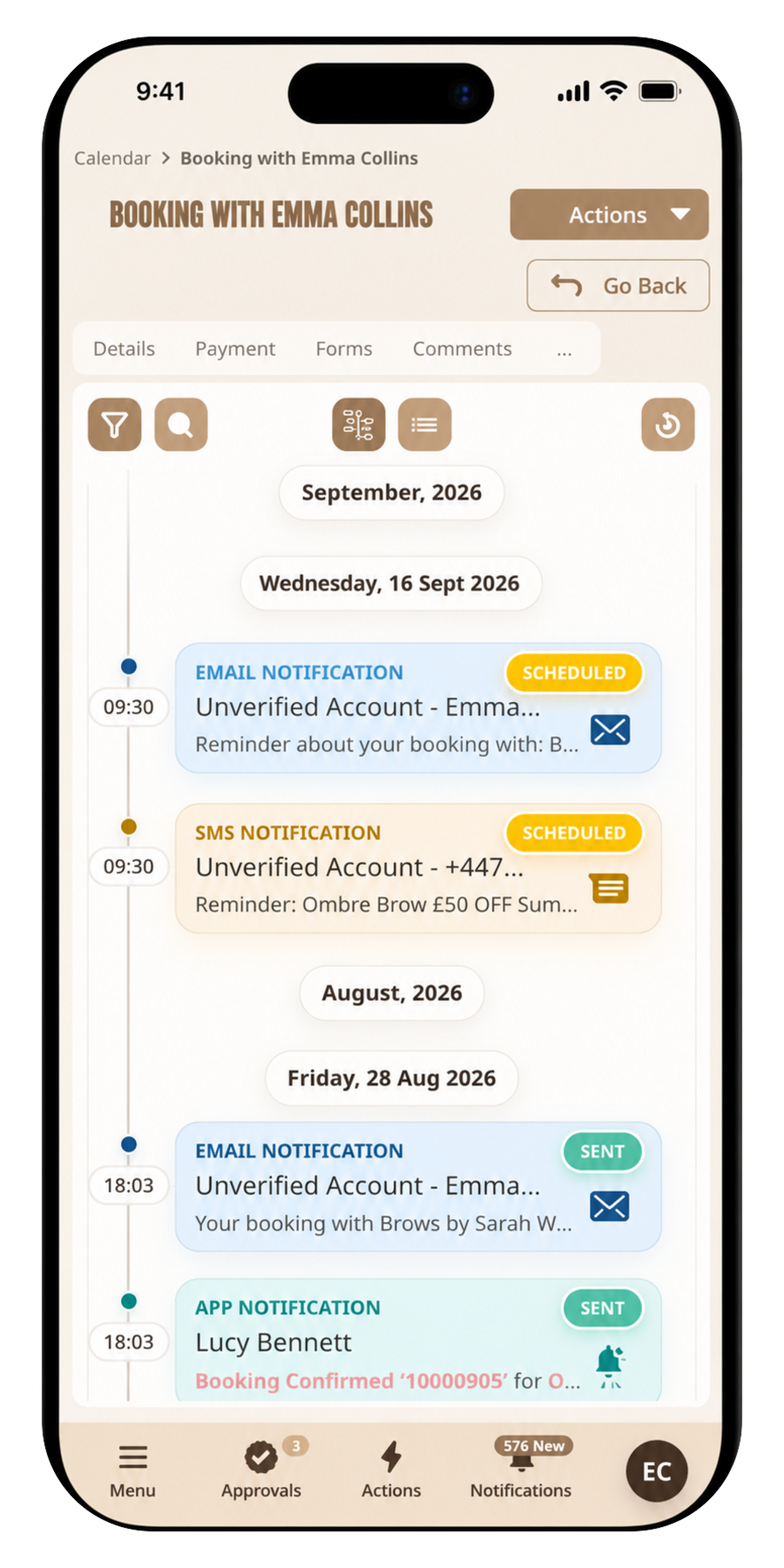 pencilIN booking communications on phone